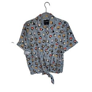 Harry Potter Chibi Tie Front Button Up Sz: XL Box Lunch Blue Kawaii Dumbledore